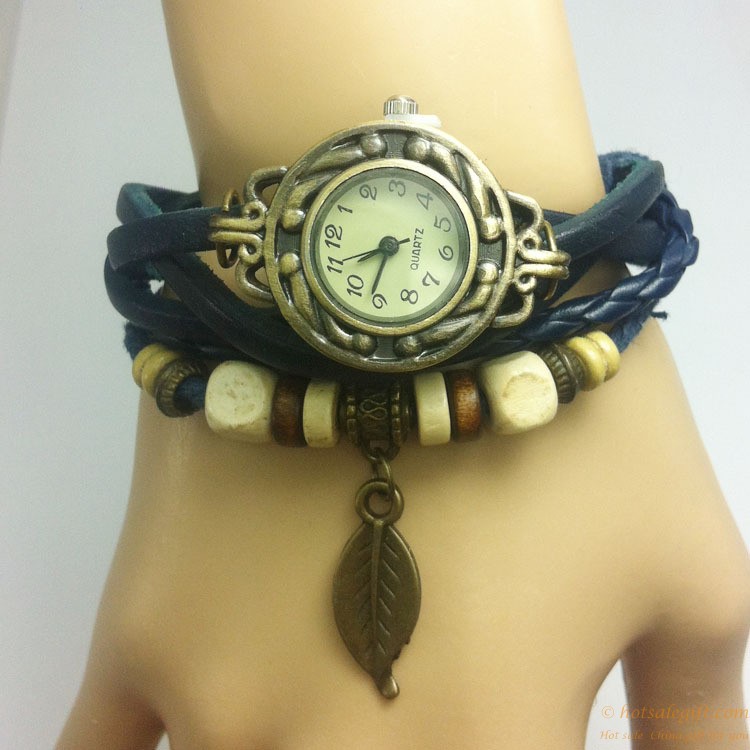 hotsalegift leather retro leaves shape ladies bracelet watch 2