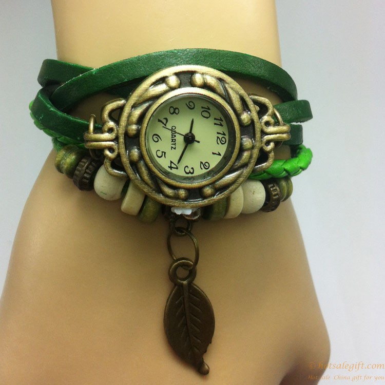 hotsalegift leather retro leaves shape ladies bracelet watch 3