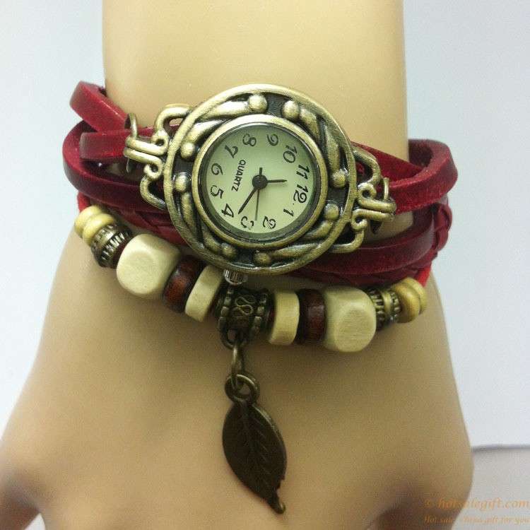 hotsalegift leather retro leaves shape ladies bracelet watch 4