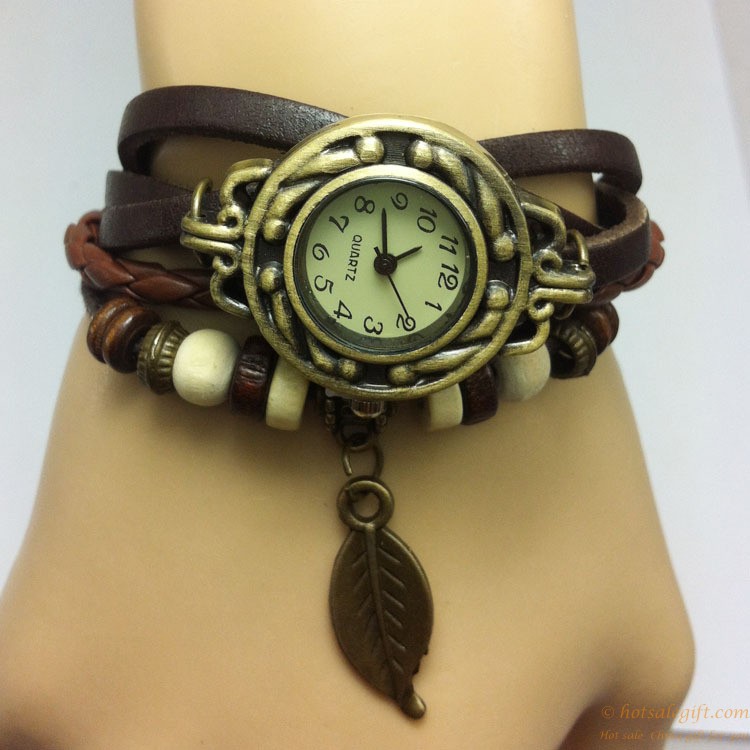 hotsalegift leather retro leaves shape ladies bracelet watch 5