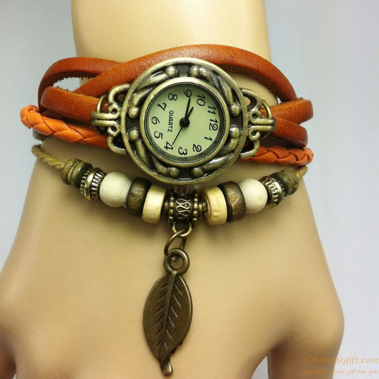 hotsalegift leather retro leaves shape ladies bracelet watch 6