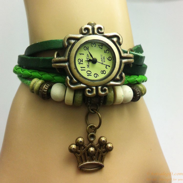 hotsalegift fashion leather crown shape retro knit bracelet watch 2