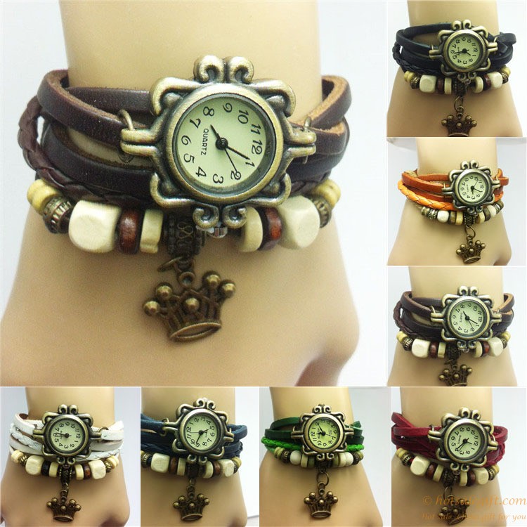 hotsalegift fashion leather crown shape retro knit bracelet watch 8