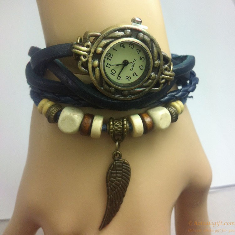 hotsalegift retro leather vintage style wing leather woven bracelet watch ladies girls 3