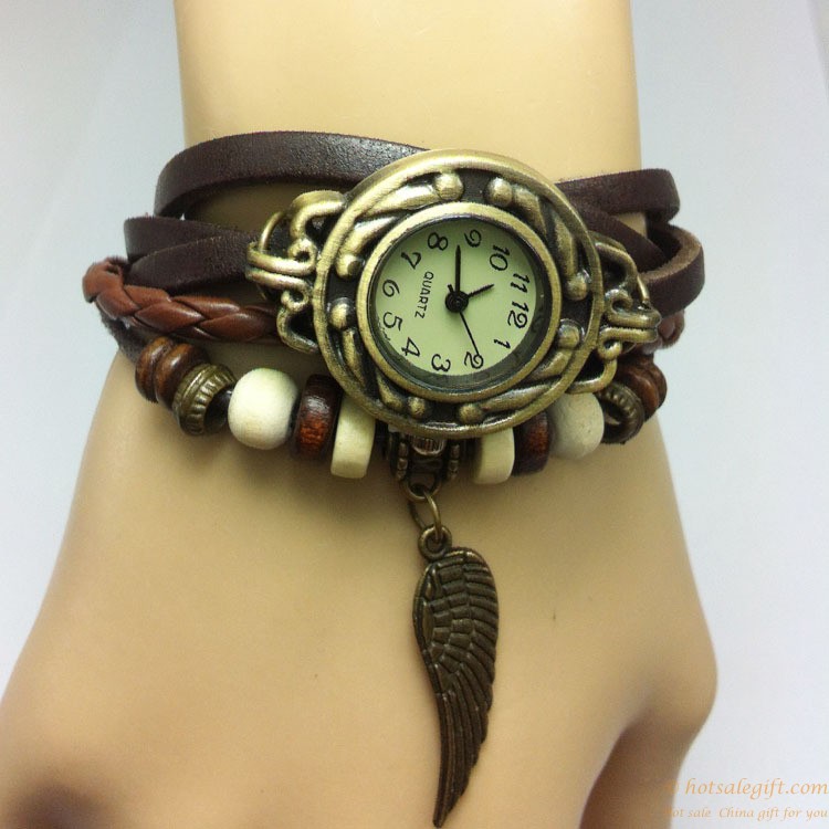 hotsalegift retro leather vintage style wing leather woven bracelet watch ladies girls 5