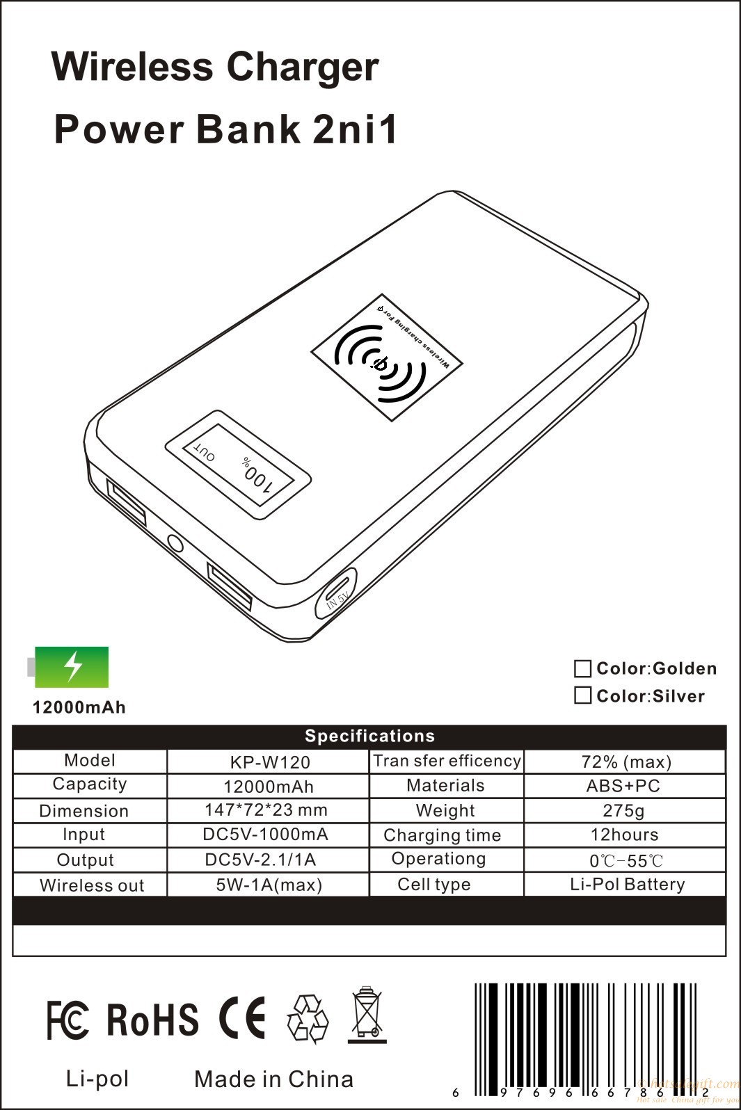 hotsalegift 12000mah designed wireless charger power bank iphone 6 6s6 4