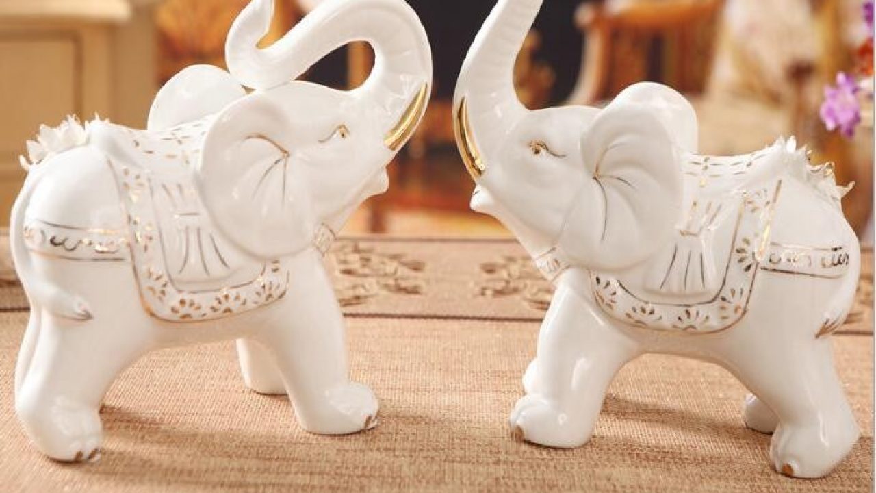 Juego de 2 figuras de cerámica blanca para amantes de elefantes, decoración  de decoración del hogar, oficina, regalo